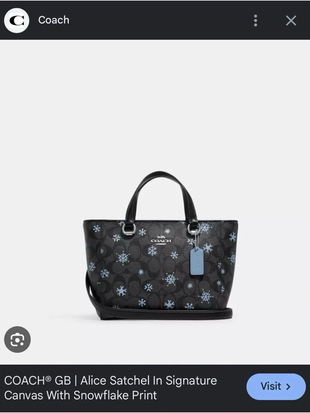 Coach Alice Satchel in Black with Light Blue Snowflake Print